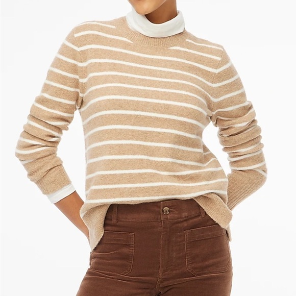 J crew heather mushroom ivory Striped crewneck sweater in extra-soft yarn - Picture 1 of 5